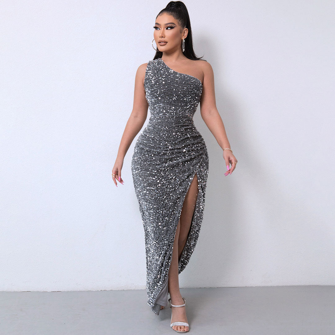 Robe longue asymétrique à sequins scintillants et fente haute - Gris foncé