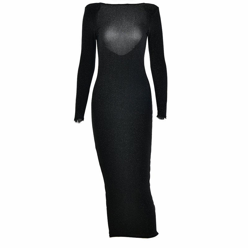 Robe de cocktail mi-longue à épaulettes scintillantes et manches longues à dos ouvert - Noir