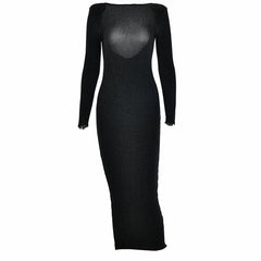 Robe de cocktail mi-longue à épaulettes scintillantes et manches longues à dos ouvert - Noir