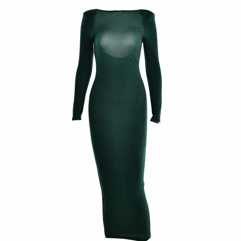 Robe de cocktail mi-longue à épaulettes scintillantes et manches longues à dos ouvert - Vert émeraude