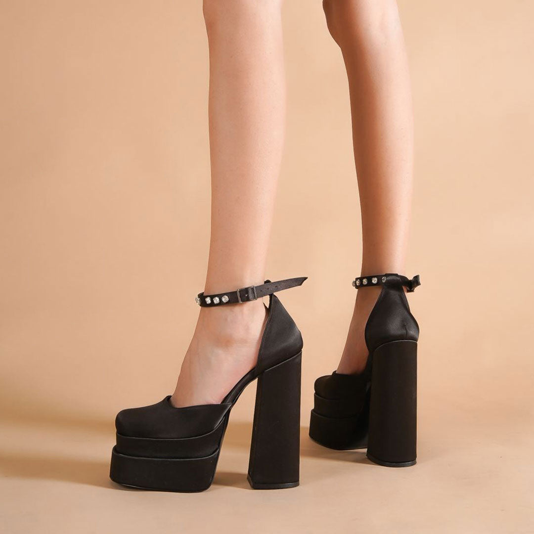 Shiny Crystal Satin Square Toe Chunky Platform Pumps - Black