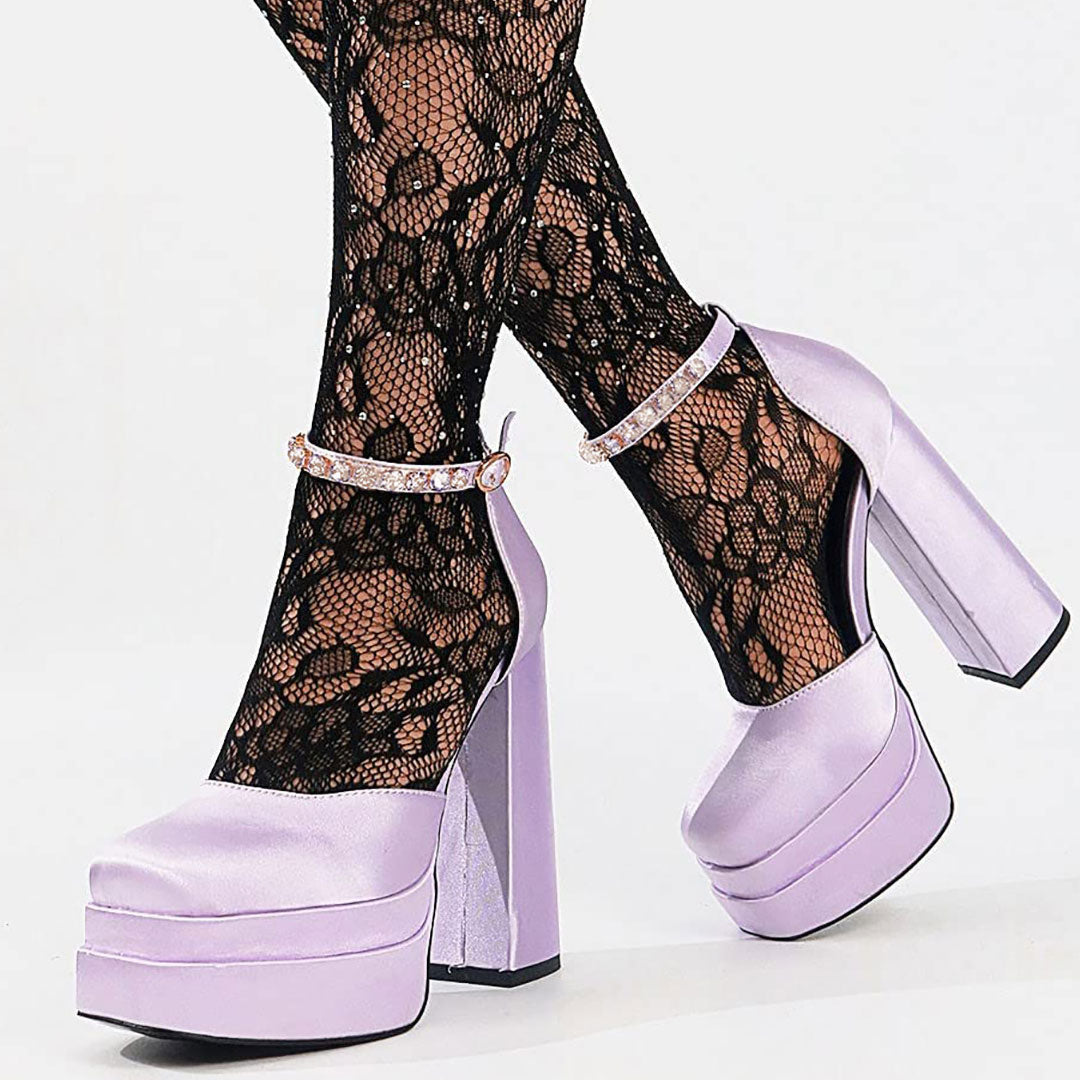 Shiny Crystal Satin Square Toe Chunky Platform Pumps - Purple