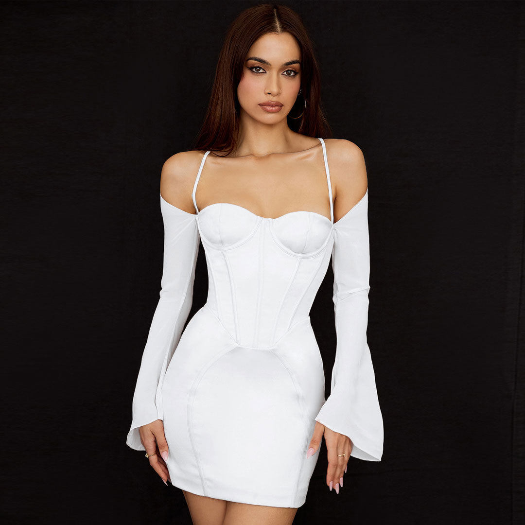 Mini-robe corset club en satin soyeux à manches longues et épaules dénudées - Blanc