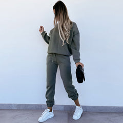 Round Neck Long Sleeve Sweatsuit Matching Set - Army Green