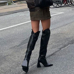 Slouchy Pointed Toe Sculptural Block Heel Knee High Boots - Black