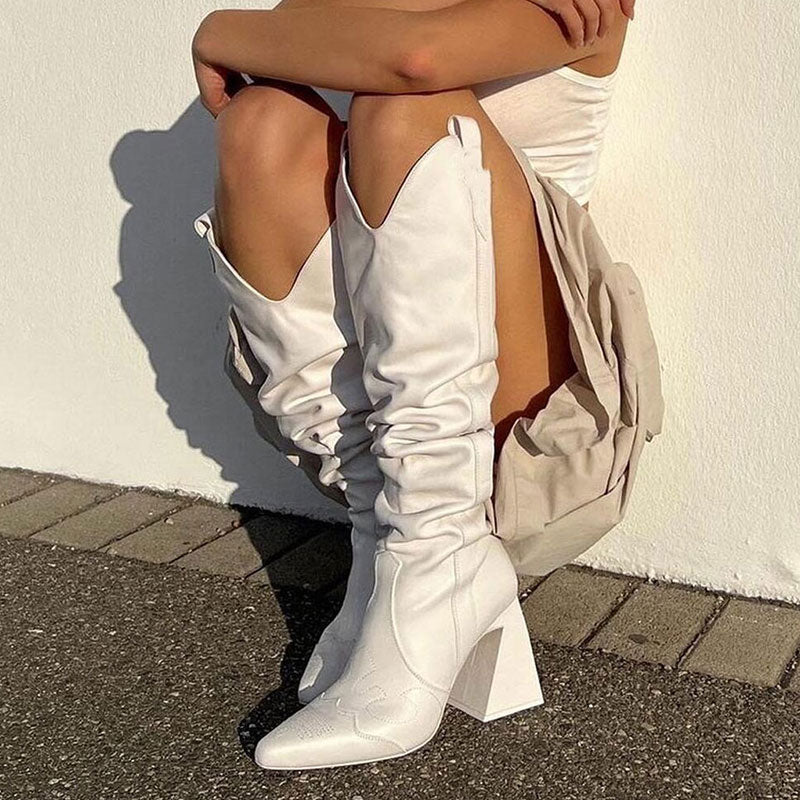 Slouchy Pointed Toe Sculptural Block Heel Knee High Boots - White