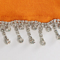 Sparkly Crystal Fringe Short Sleeve Crop Top Mini Skirt Matching Set - Orange