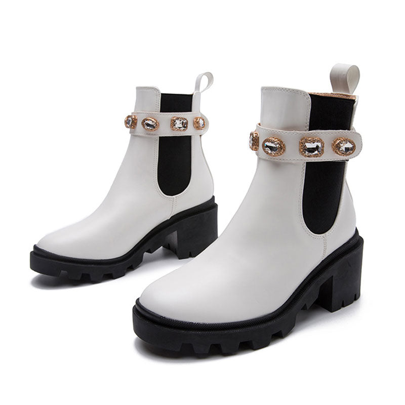 Sparkly Crystal Trim Lug Sole Round Toe Chunky Heel Ankle Boots - White