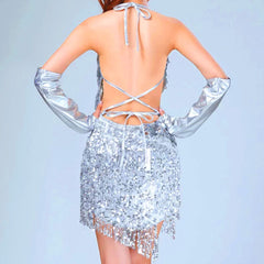 Sparkly Halter V Neck Bodycon Tassel Sequin Mini Dress - Silver