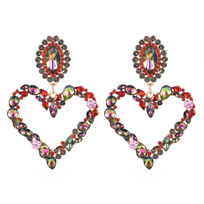 Sparkly Rainbow Rhinestone Heart Statement Drop Earrings - Multicolor