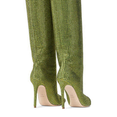 Bottes hautes à talons aiguilles et bout pointu avec strass scintillants - Vert