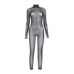 Glitzernder, hochgeschlossener, langärmliger transparenter Jumpsuit aus Netzstoff - Schwarz