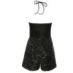 Sparkly Sequin Bow Embellished Halter Neck Party Romper - Black