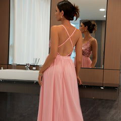 Sparkly Sequin Panel Mesh Deep V Backless Evening Maxi Dress - Pink
