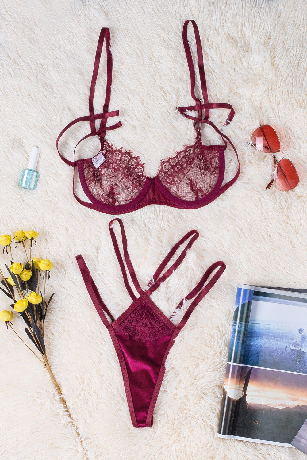 Strappy Velvet Patchwork Lace Bra And Panty Set