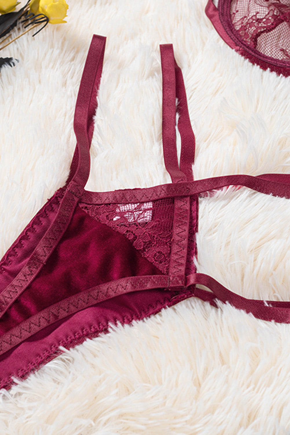 Strappy Velvet Patchwork Lace Bra And Panty Set