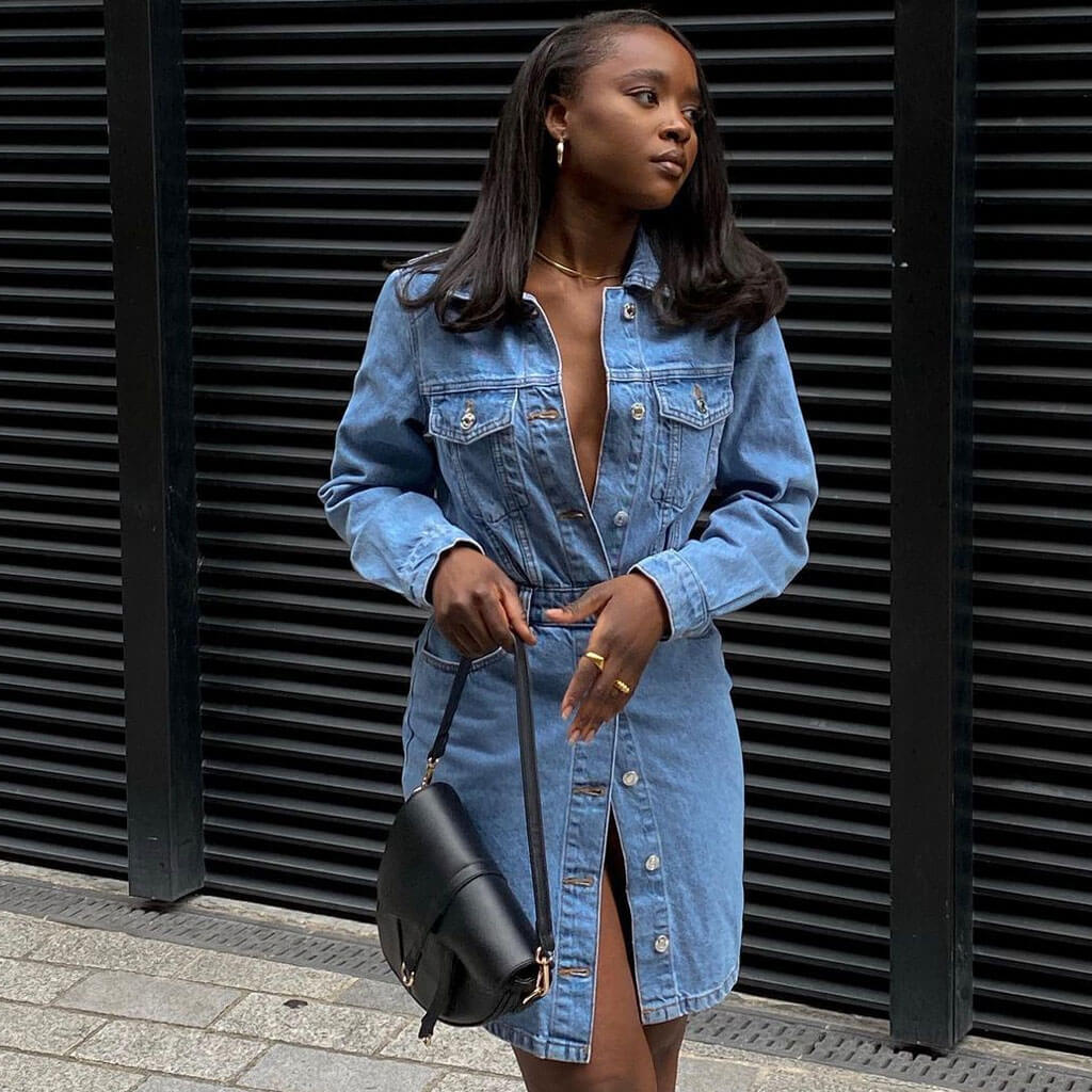 Street Style Button Down Long Sleeve Denim Midi Dress - Blue