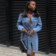 Street Style Button-Down-Langarm-Midikleid aus Denim - Blau