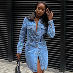 Street Style Button Down Long Sleeve Denim Midi Dress - Blue