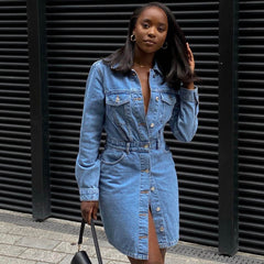 Street Style Button-Down-Langarm-Midikleid aus Denim - Blau