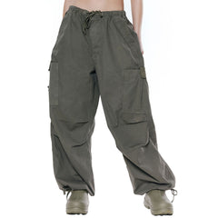 Street Style Kordelzug Multi Pocket Weites Bein Baggy Cargohose - Armeegrün