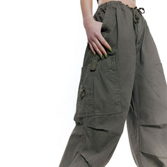 Street Style Kordelzug Multi Pocket Weites Bein Baggy Cargohose - Armeegrün