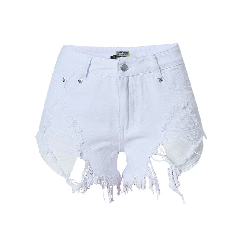Street Style High Waist Frayed Distressed Denim Shorts - White