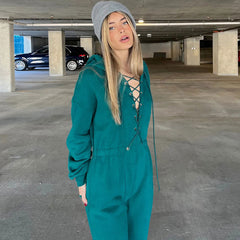 Street Style Jumpsuit mit Kapuze und Schnürung und überschnittenen Schultern - Türkis