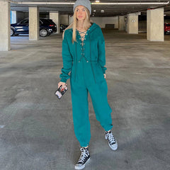 Street Style Lace Up Hooded Drop Shoulder Long Sleeve Jumpsuit - Turquoise