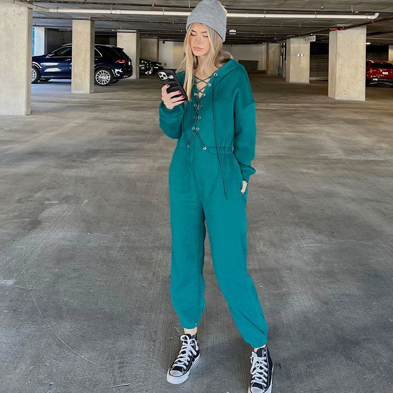 Street Style Jumpsuit mit Kapuze und Schnürung und überschnittenen Schultern - Türkis