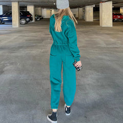 Street Style Lace Up Hooded Drop Shoulder Long Sleeve Jumpsuit - Turquoise