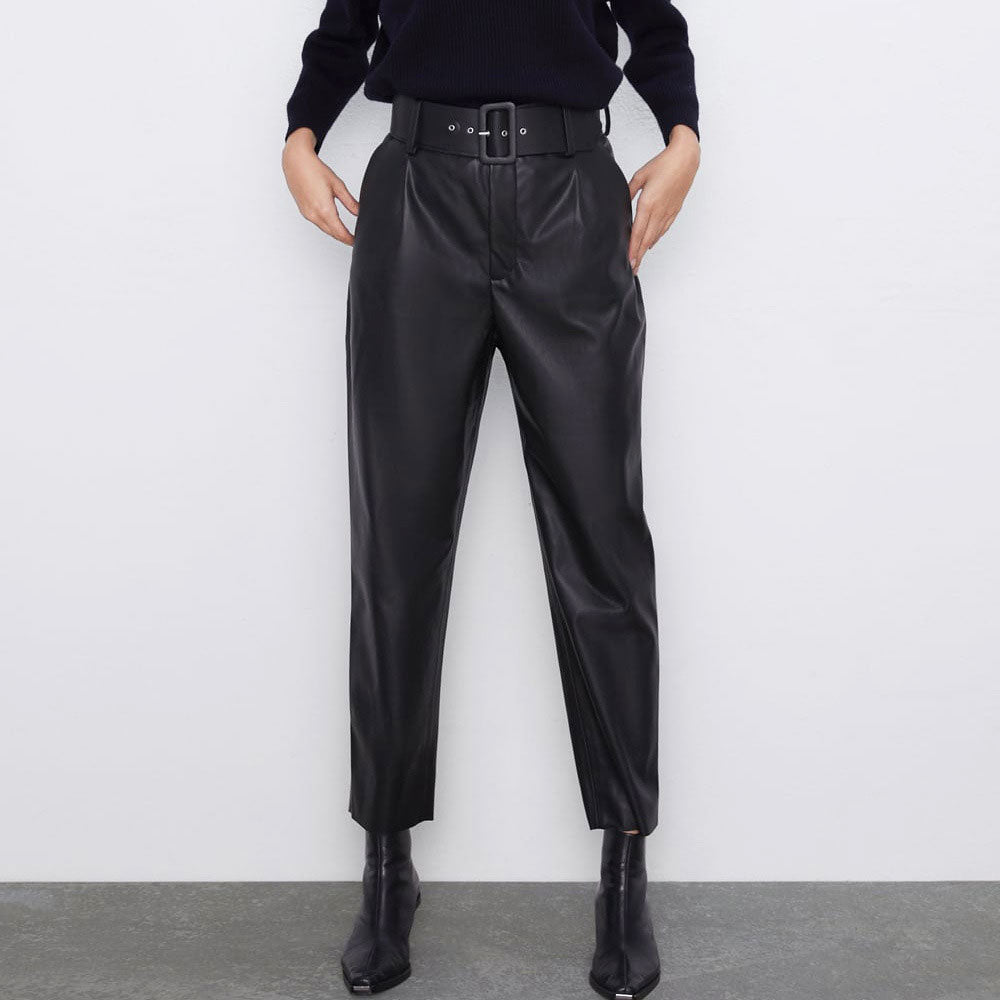 Striking High Waist Buckle Trim Side Pocket Vegan Leather Pants - Black