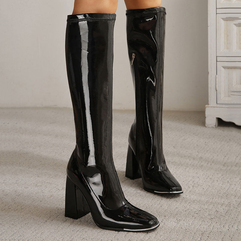 Striking Square Toe Patent Leather Block Heel Knee High Boots - Black