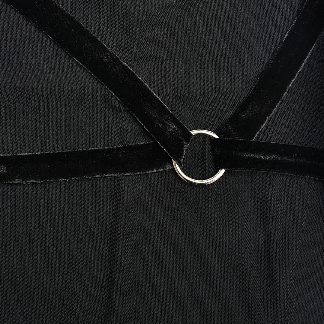 Stylish High Split Sheer Mesh O Ring Halter Cowl Neck Backless Midi Dress - Black