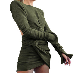 Stylish Smocked Long Sleeve Twist Cutout Skirt Matching Set - Green