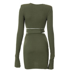 Stylish Smocked Long Sleeve Twist Cutout Skirt Matching Set - Green