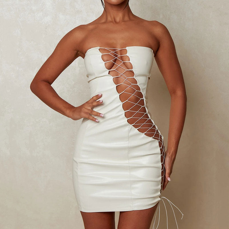 Sultry Faux Leather Strapless Lace Up Cut Out Bodycon Club Mini Dress - White