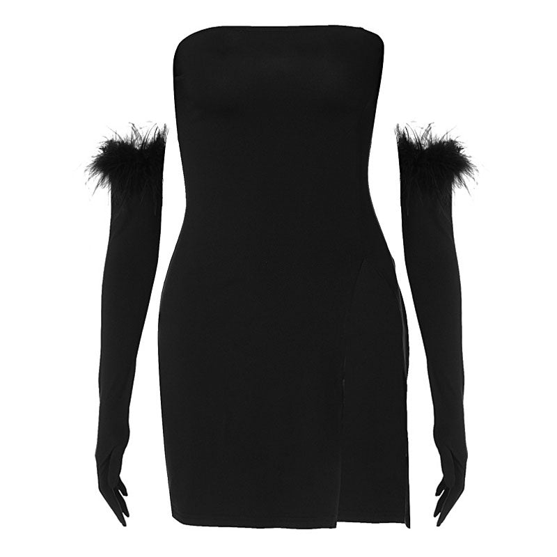 Sultry High Split Feather Glove Strapless Party Mini Dress - Black