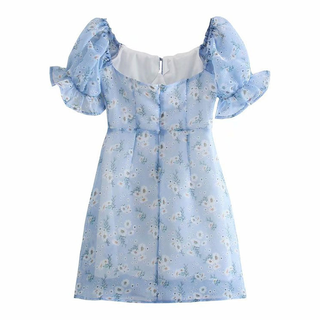 Robe courte moulante estivale à manches bouffantes et bustier à nœuds Daisy - Bleu