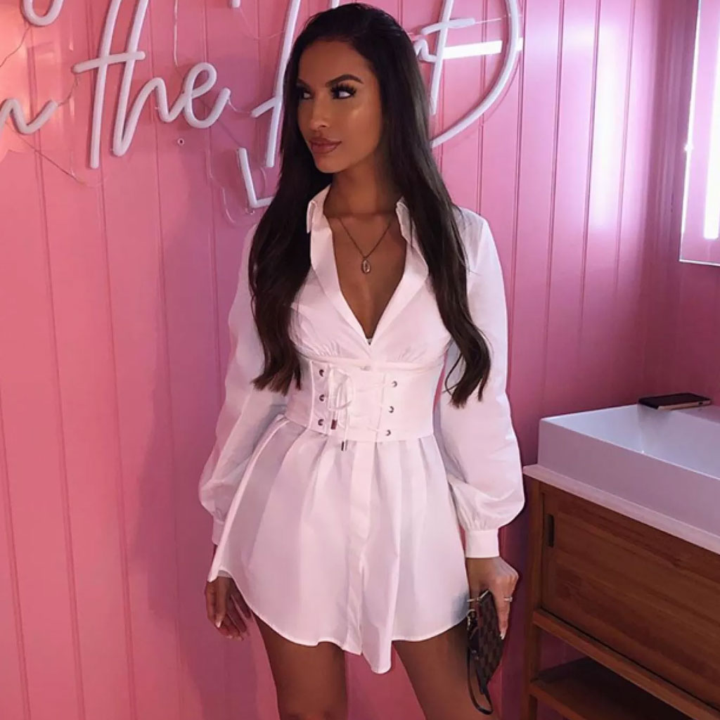 Sweet Belted Long Sleeve Button Down Mini Shirt Dress - White