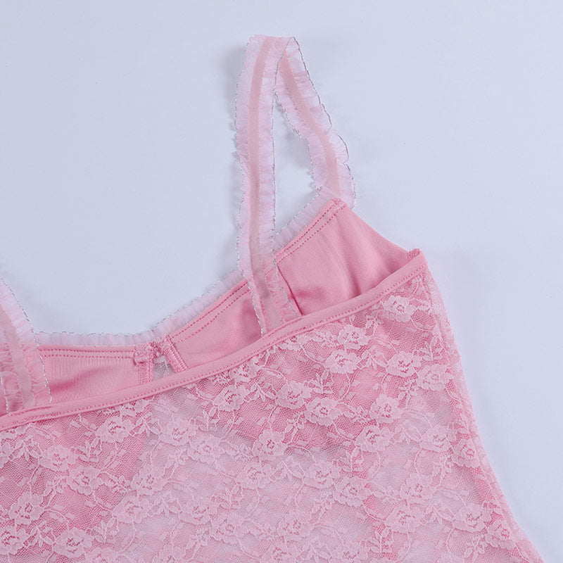 Sweet Style – Kurzes Tanktop mit Rüschen und U-Ausschnitt aus transparenter Spitze – Rosa