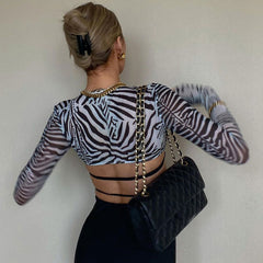 Trendy Langarm-Bralette-Crop-Top aus Netzstoff mit Animal-Print – Zebra