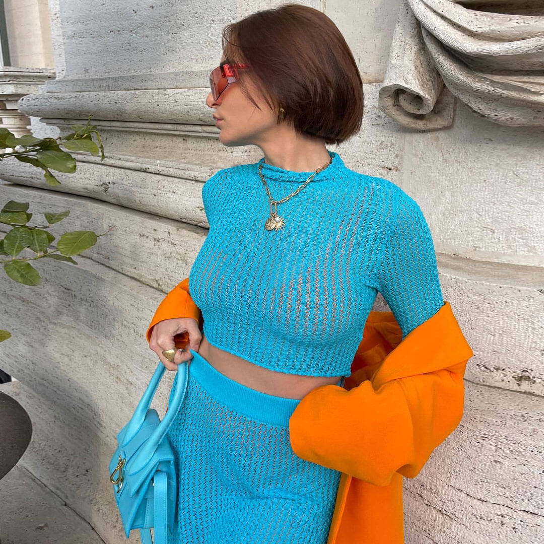 Trendy Crochet Knit High Neck Crop Top Maxi Skirt Matching Set - Blue