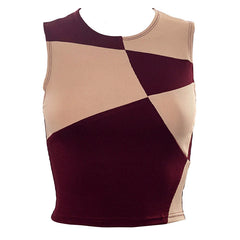 Trendy Geometric Print Crew Neck Rib Crop Tank Top - Fuchsia