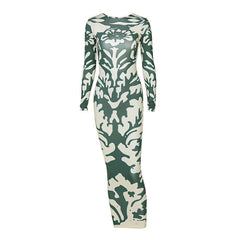 Trendy Long Sleeve Camo Print Backless Maxi Dress - Green