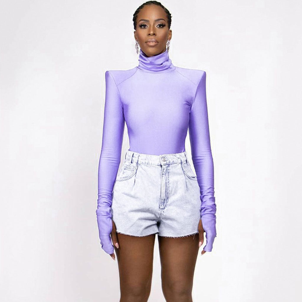 Trendy Turtleneck Long Sleeve Shoulder Pad Seamless Bodysuit - Purple