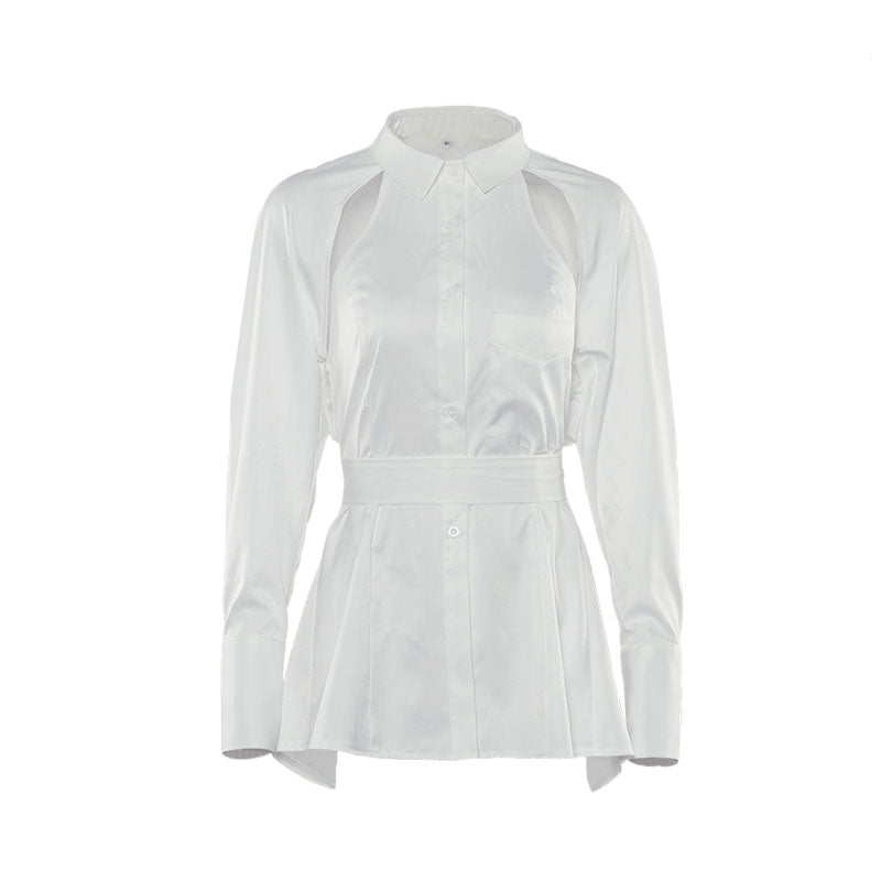 Unique Cut Out Back Tie Long Sleeve Button Up Blouse - White