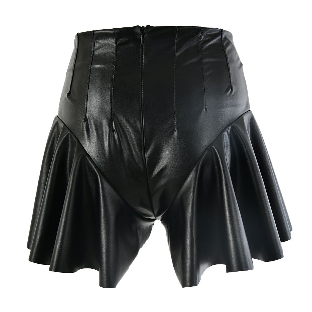 Unique High Waist Zip Back Ruffle Leg Leather Shorts - Black