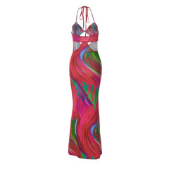 Vacation Ready Abstract Print Fishtail Twist Trim Cut Out Halter Maxi Dress - Red