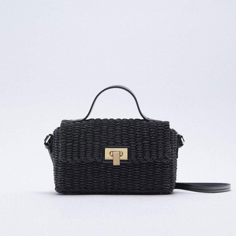 Vacation Ready Woven Faux Leather Trim Top Handle Crossbody Bag - Black